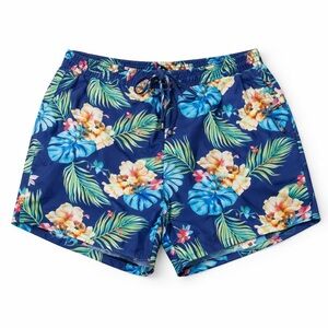 Navy Blue Floral Men's Swim Trunks with Drawstring